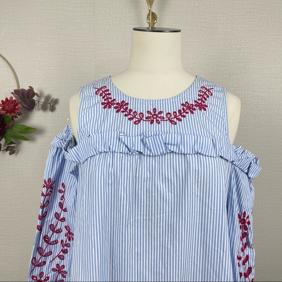 Cupio Women Cold Shoulder Cut Ruffle Trim Blue Stripe Cotton Dress size Medium - Picture 2 of 13